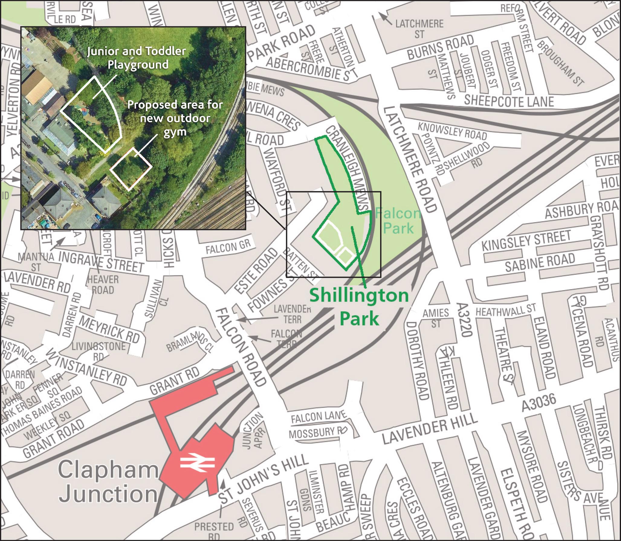 map of Shillington Park showing junior and toddler playground and proposed area for outdoor gym from aerial view