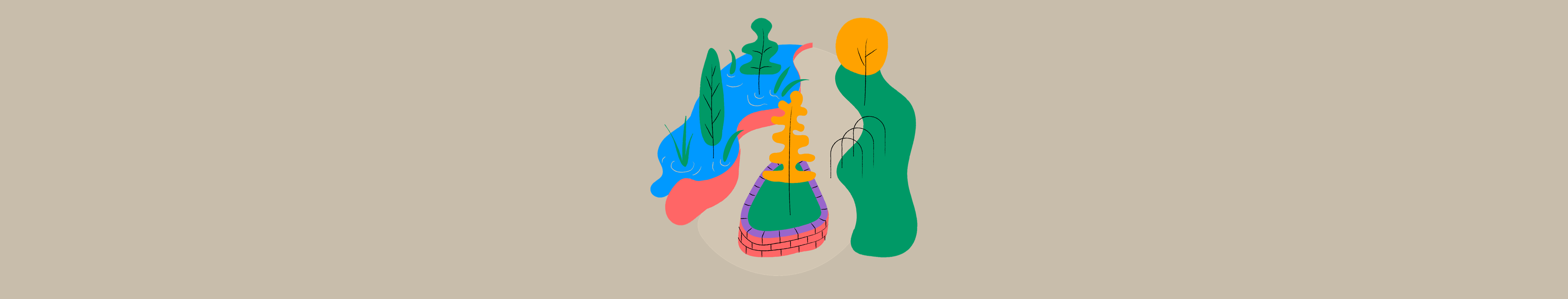 rounded symbol that pictures a lake, trees, and greenery